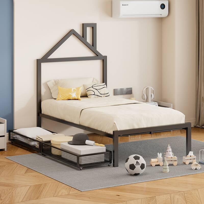 Twin Size Metal Platform Bed with House Design and 2 Storage Drawers