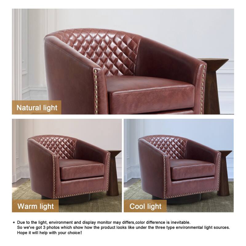 Tufted PU Vegan Leather Swivel Barrel Chair with Nailheads Trim