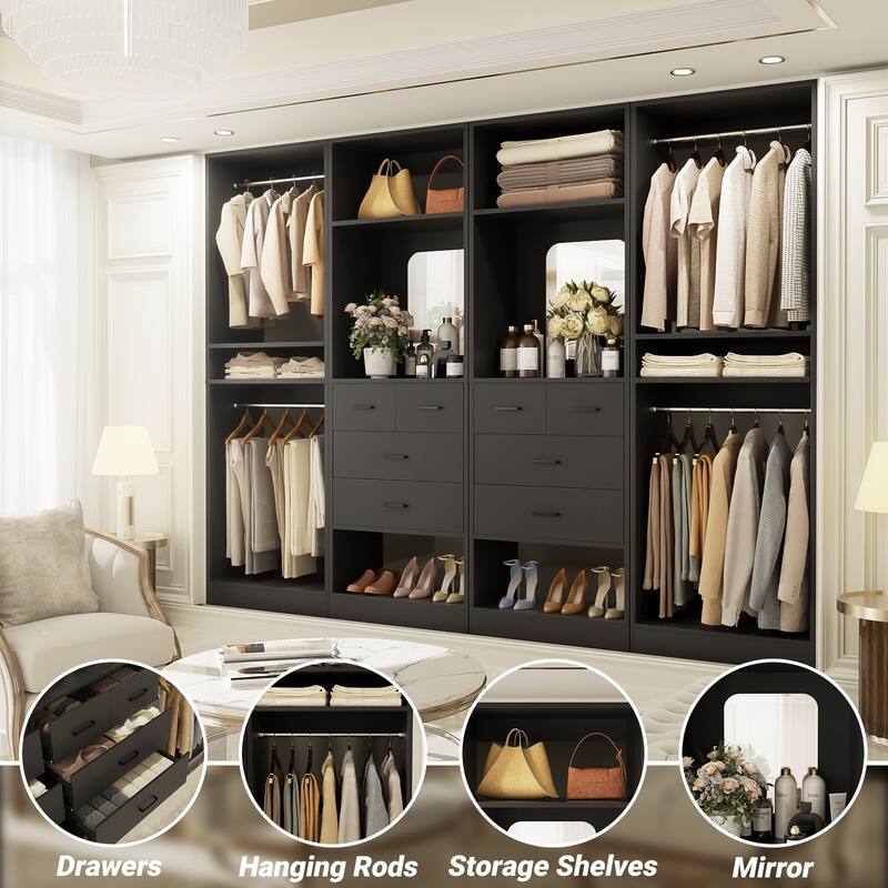 Set of 4 Closet System with 4 Drawer and Hanging Rods, Freestanding Closet Organizer with Storage Shelves