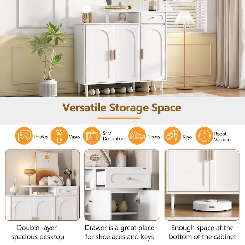Elegant Entryway Shoe Storage Cabinet with Arched Doors & Drawer, Adjustable Shelves, Solid Wood Legs