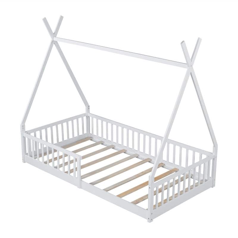 Twin Size House Floor Bed with Fence, Wooden House Shaped Montessori Bed with Triangulat Design for Kids