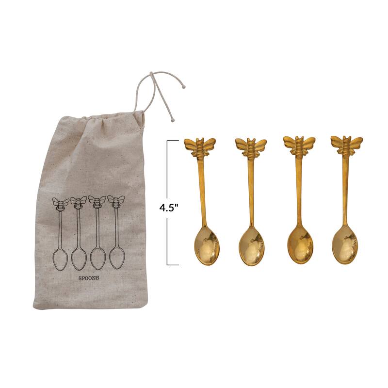 Brass Spoons with Bee Handles in Drawstring Bag - 4.5"L x 1.0"W x 0.3"H - 4.5"L x 1.0"W x 0.3"H