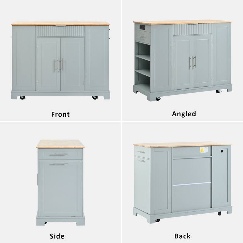 Fluted Kitchen Island with Open Side Racks & Power Outlet, Rolling Storage Cabinet w/Trash Can Storage, Drawers for Living Room