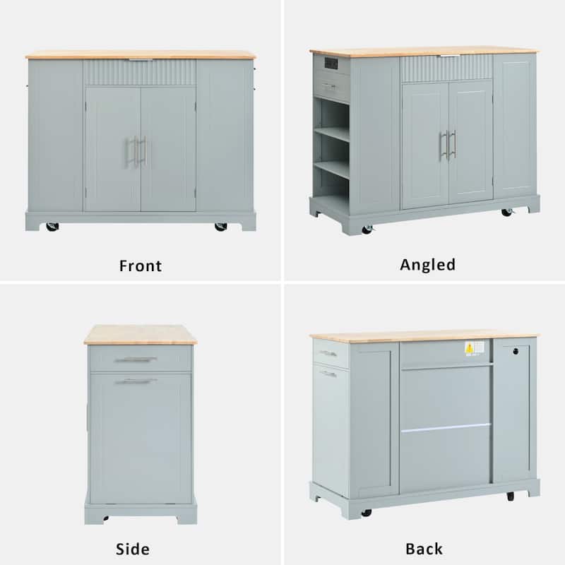 Fluted Kitchen Island with Trash Can Storage Cabinet, Power Outlet, Internal Storage Rack, Rolling Kitchen Islands