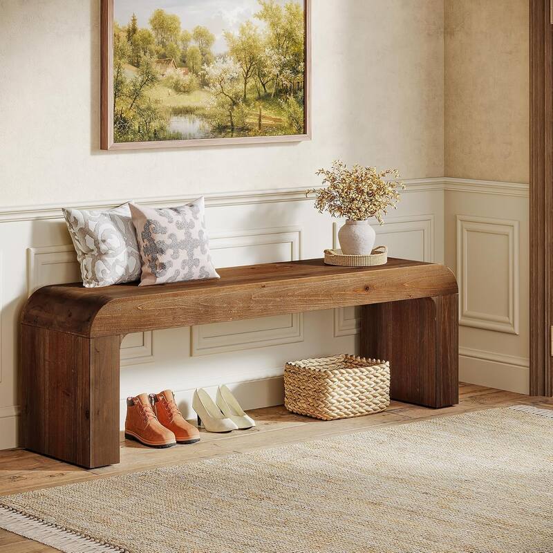 55" Solid Wood Dining Bench, Entryway Bench with Thick Block Seat, Modern Farmhouse Indoor Bench
