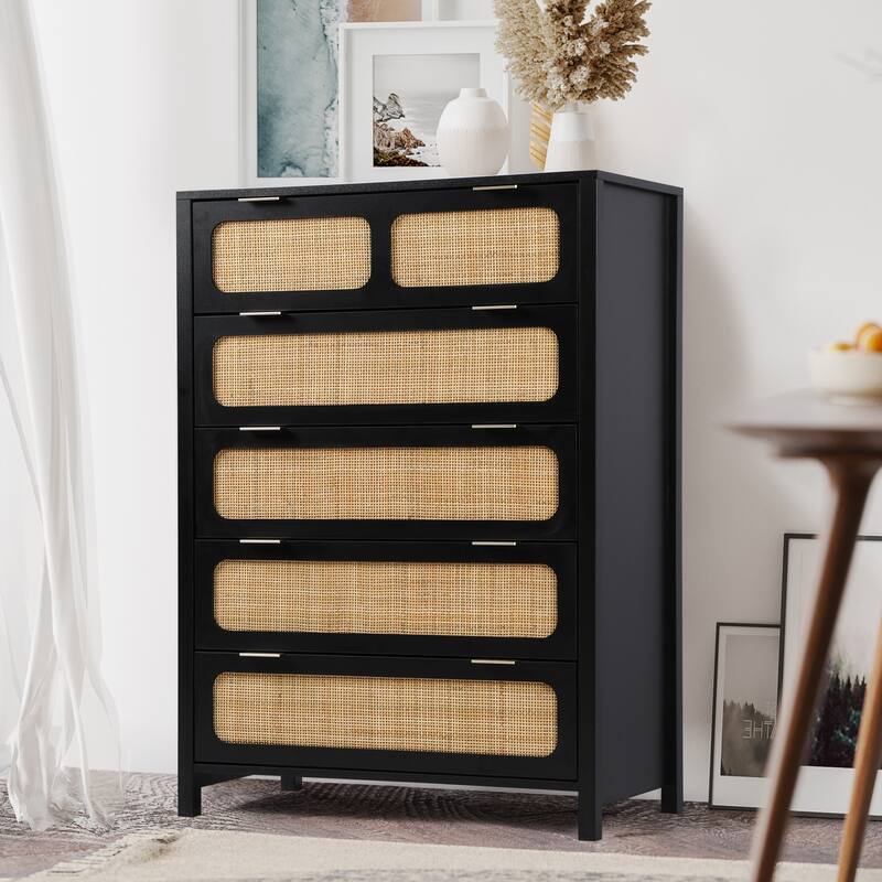 Wooden Rattan 5-Drawer Storage Cabinet Dresser