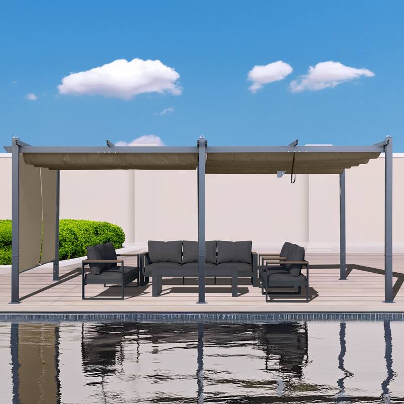 Aoodor Outdoor Pergola with Retractable Shade Canopy, Dark Gray Matte Aluminum Frame