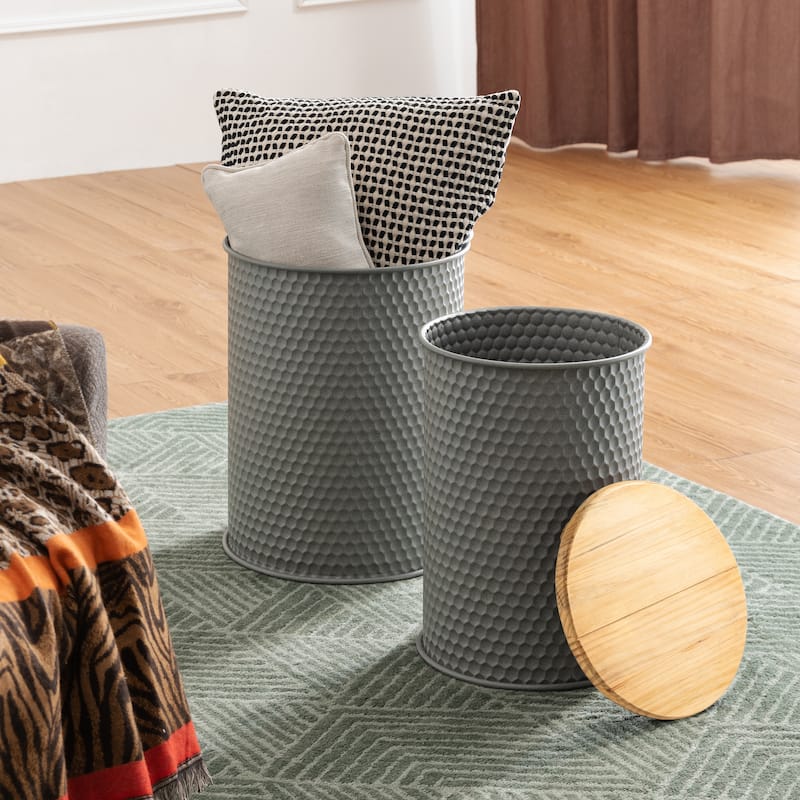 Glitzhome Set of 2 Modern Gray Honeycomb End Table Storage Ottoman