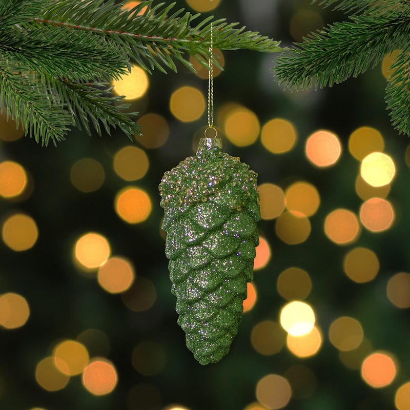 5.5" Green and Gold Glitter Beaded Pine Cone Christmas Ornament