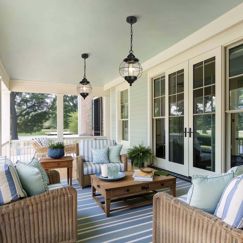 Modern Farmhouse Black 1-Light Outdoor Pendant Light Glass Patio Lantern Lamp - D10" X H12"