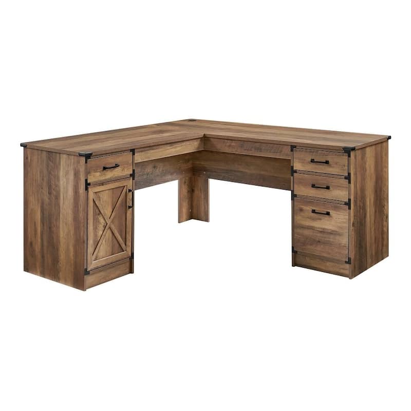 HomeRoots 64" Oak Wood L Shape Executive Desk With Four Drawers