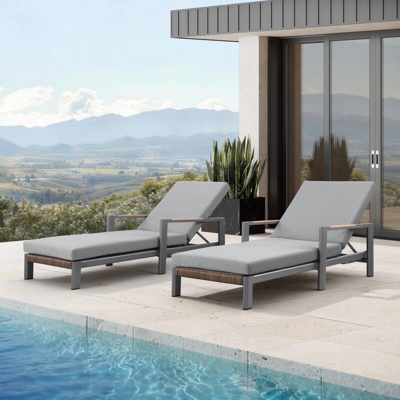 Arlo Teak & Wicker Aluminum Dual-Use Outdoor Chaise Lounge (Set of 2) - Grey-Grey