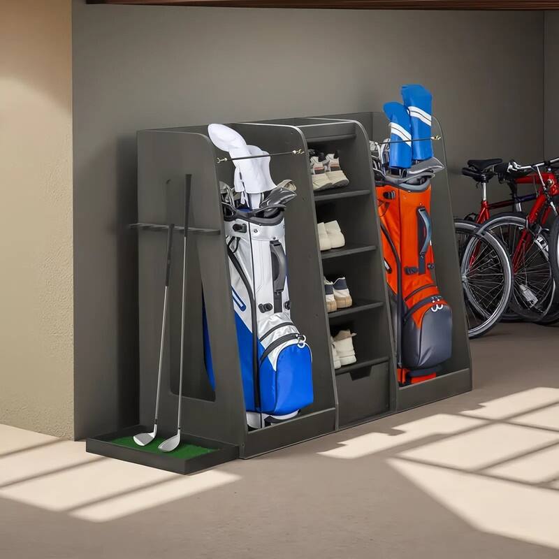 Wooden Golf Bag Organizer and Storage Rack - Holds 2 Golf Bags, 12 Clubs, 4-5 Pairs of Golf Shoes, 50+ Golf Balls