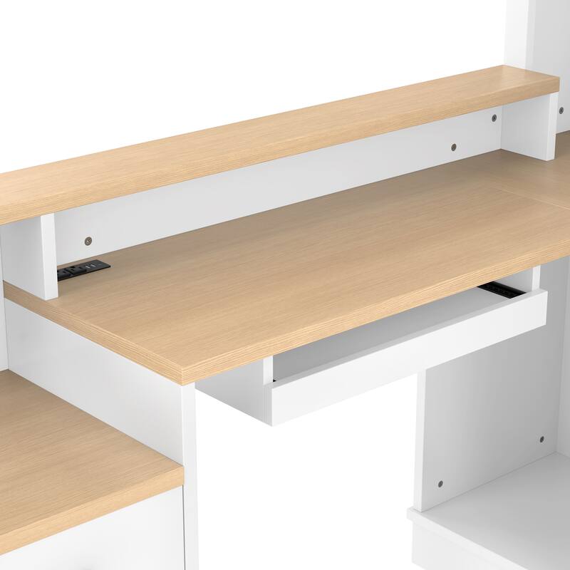 Roomfitters L-Shaped Computer Desk with Power Outlets, Corner Workstation with Hutch and Drawers