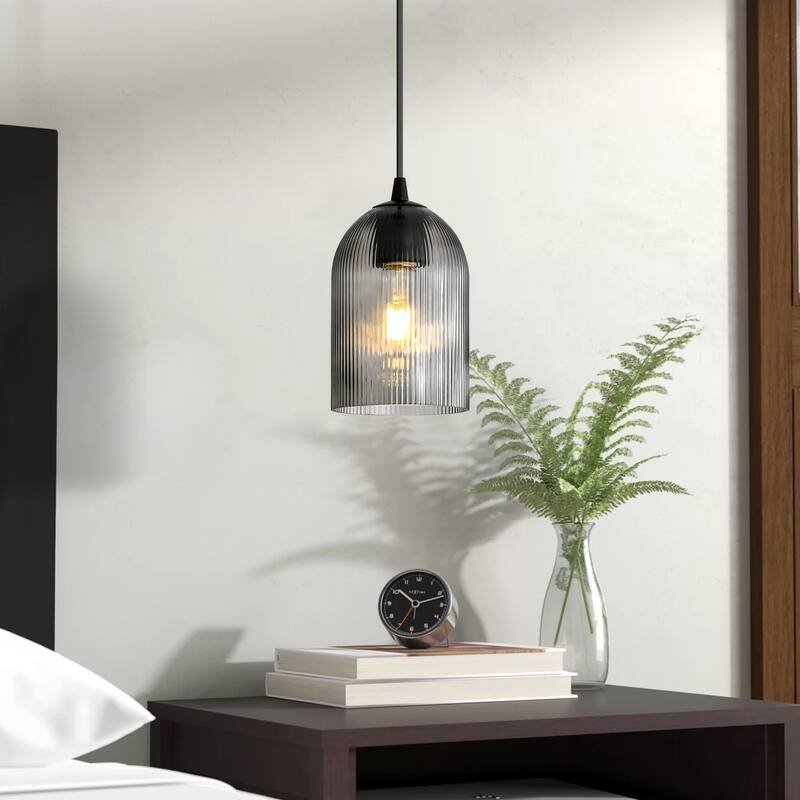 1-Light Modern Rustic Black/Gold Metal Island Pendant Light with Textured Grey/Clear Glass Bell Shade - Black/Grey