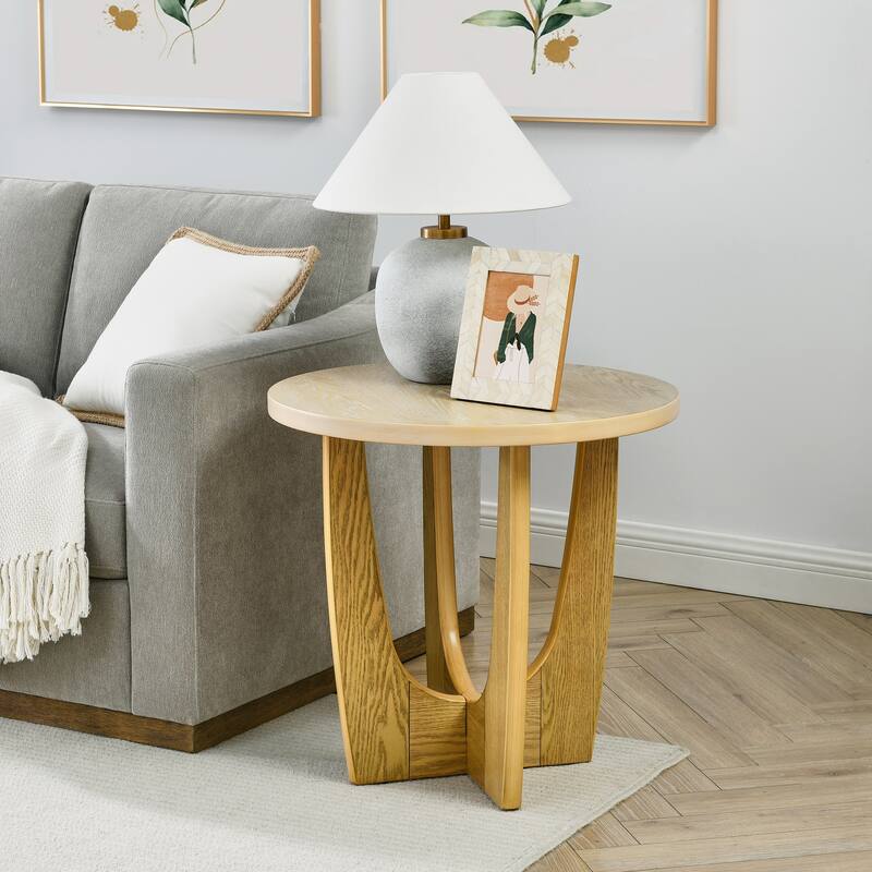 25" Round End Table, Wooden Side Table, Night Stand for Bedroom, Living Room ,Reception Room (Oak Color)