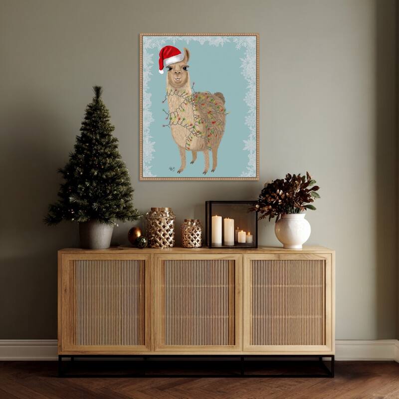 Llama Christmas Lights 2 by Fab Funky (23 x 28 in.), Framed Canvas Wall Art Print - Sylvie Beaded Rustic Natural