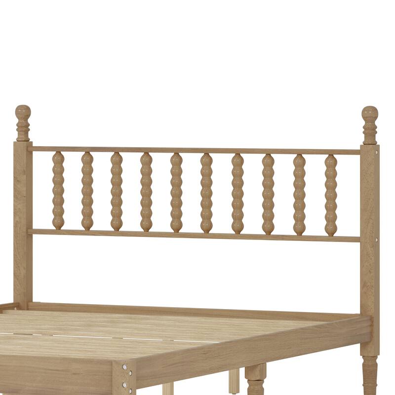 Natural Wood Queen Platform Bed with Curved Gourd Headboard, Vintage-Inspired Frame with Sturdy Slat Support