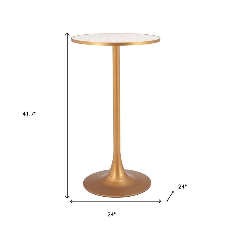 HomeRoots 24" Beige and Gold Faux Terrazzo and Steel Rounded Bar Table - 24.00 in. x 41.70 in. x 24.00 in.