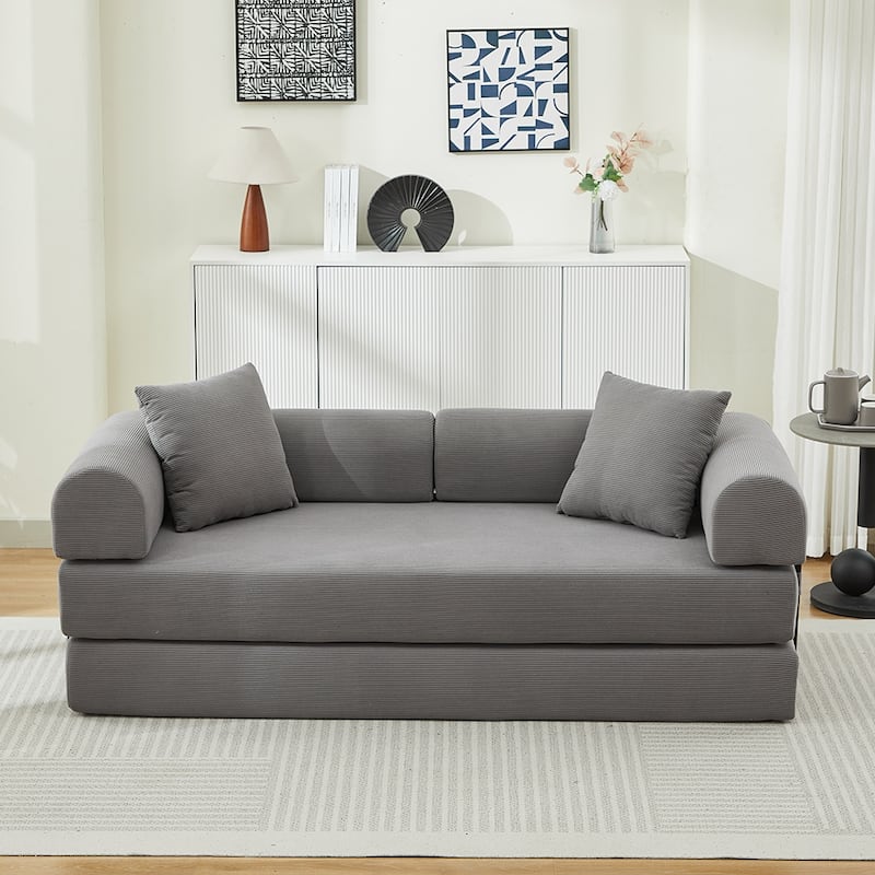 Folding Upholstered Sofa Bed, 78.5" Convertible Sleeper Sofa Bed with 2 Pillows, Fold Out Loveseat Couch, Futon Couch - Grey