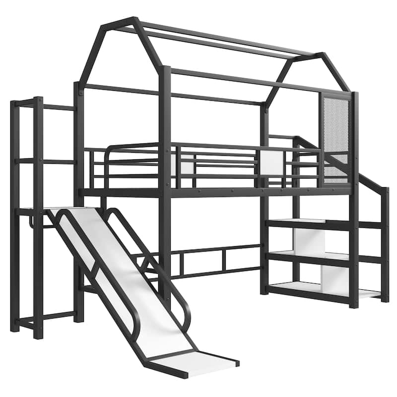 Fun Play House-shaped Loft Bed Metal Bed Frame with Grid and Shelves