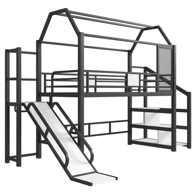 Roomfitters House Loft Bed with Slide and Stairs, Metal Playhouse Frame with Storage Shelves