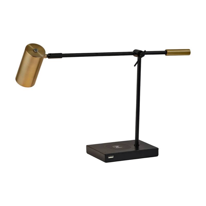 Black Metal Swing Arm LED Desk Lamp with Antique Gold Cylinder Shade USB Charging - 22.5” x 5” x 22.25” (D x W x H)
