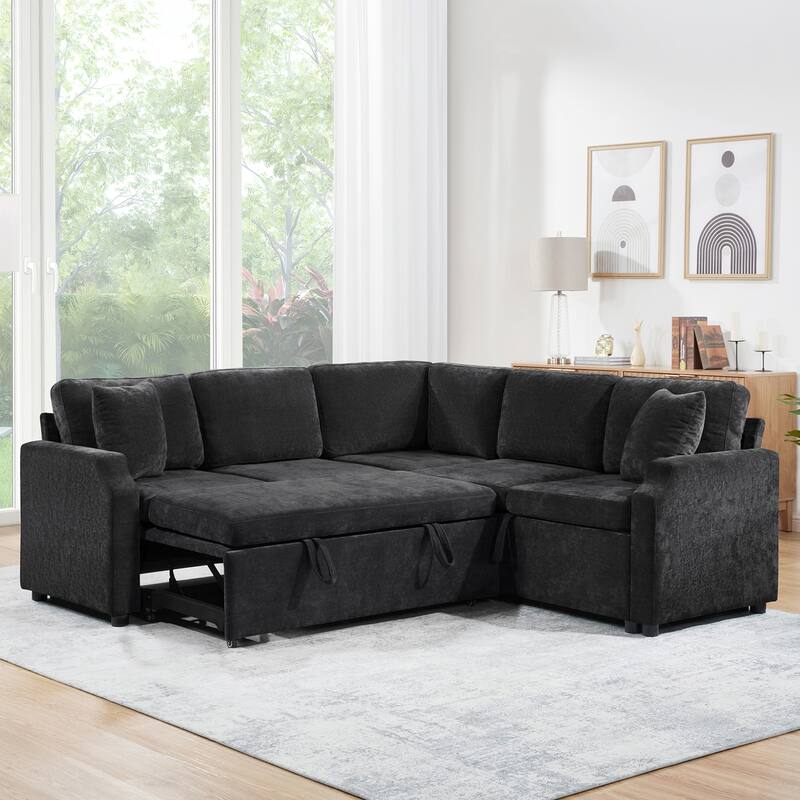 L-Shaped Sectional Sofa Bed, Chenille Upholstered Sleeper Sofa with Hidden Storage Compartment, 4 Seater Corner Sectional Sofa