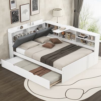 Full Size Wood Platform Bed with Trundle, Shelves and Storage Headboard, White
