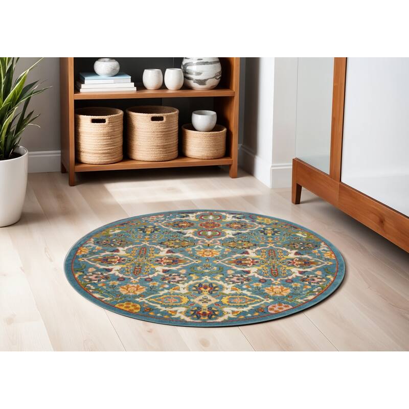 Govu Power Loomed Geometric Floral Traditional Low Pile Durable Area Rug By HomeRoots - 63' X '63' X '0.25 - 63' X '63' X '0.25 - Teal and Ivory - Round