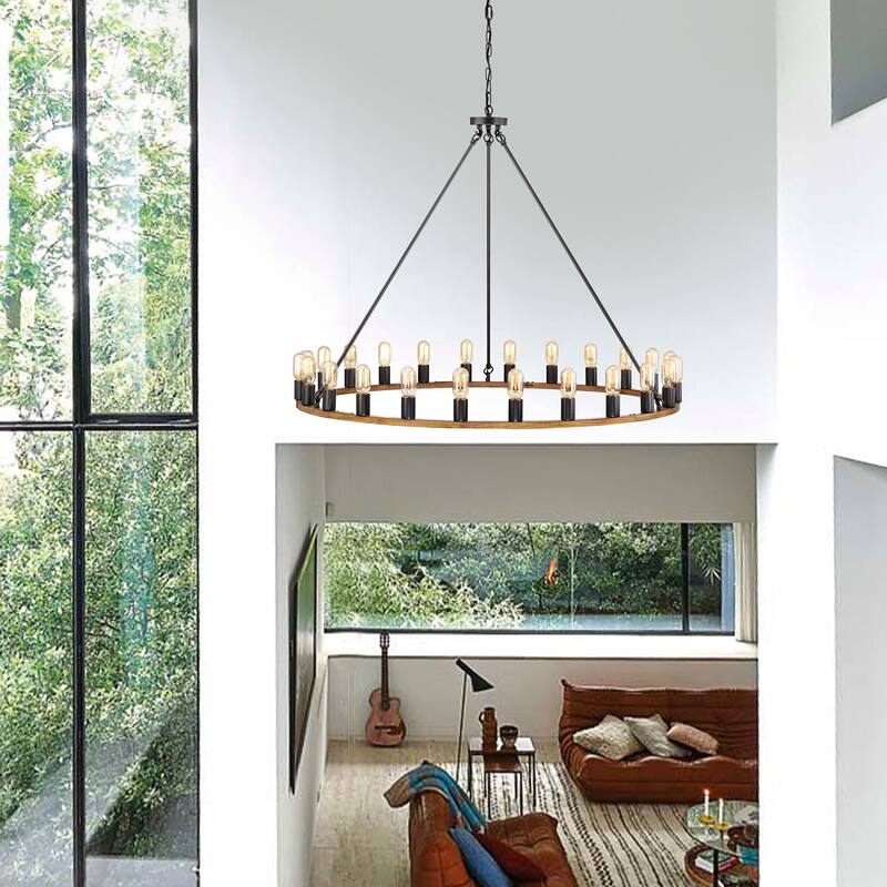 Nate Wood Grain+Smith Iron 24-Light 47-Inch Round Wagon Wheel Chandelier