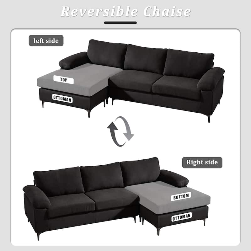 OVIOS Reversible Chaise Sofa With Fluffy Cushions Metal Legs