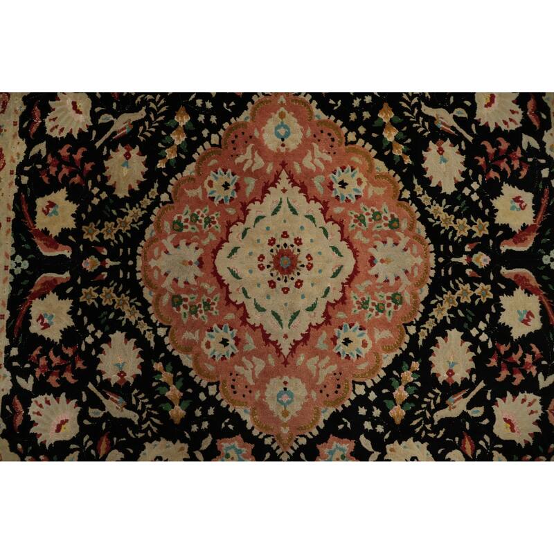 Hand Knotted Oriental Wool & Silk Carpet Traditional Floral Black Tabriz Area Rug - 6' 7'' X 4' 10''