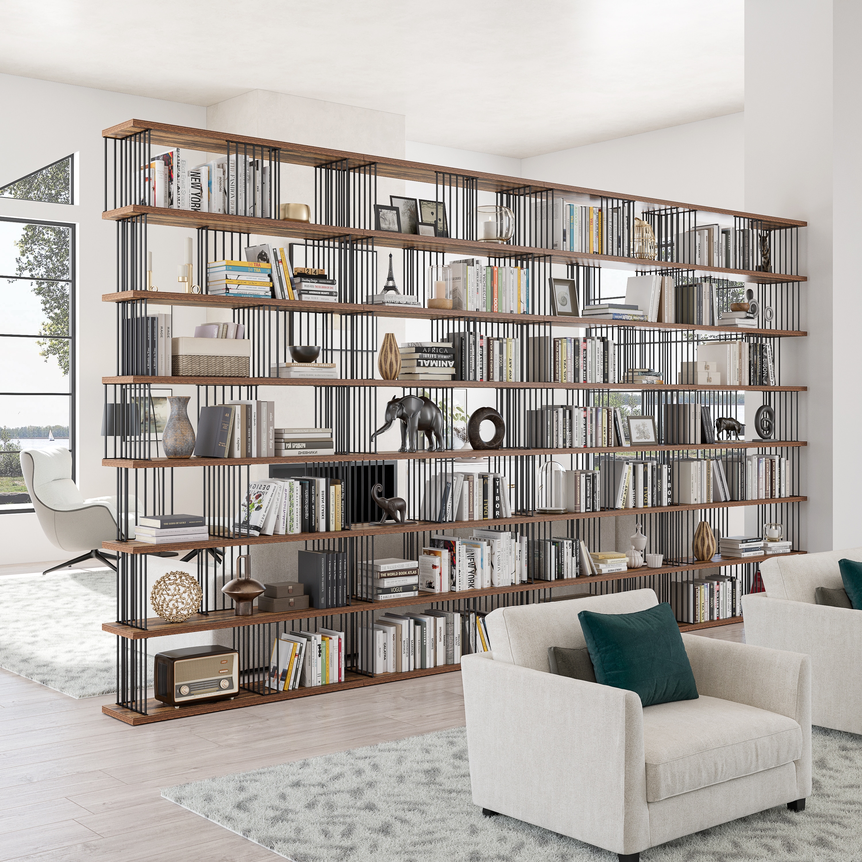 189'' x 100.4'' Modern Antique Walnut Wood & Steel Room Divider Bookcase - 189'' x 100.4'' x 11.8''