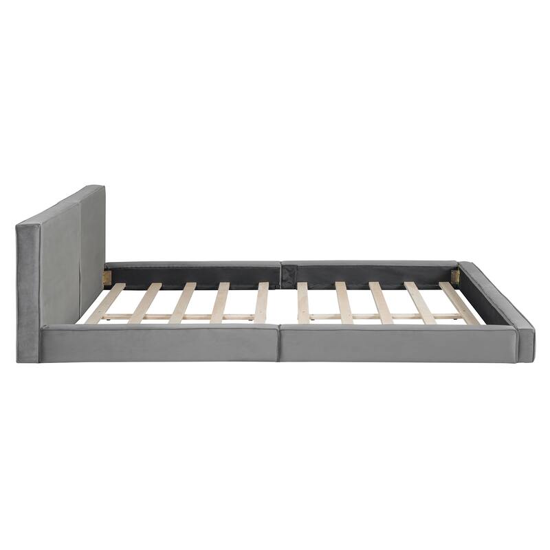 Velvet Upholstered Queen Platform Bed with Solid Wood Frame, Modern Gray Bedroom Furniture