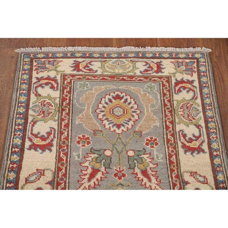 Grey Kazak Runner Rug Hand-Knotted Wool Carpet - 2'2" x 5'11"