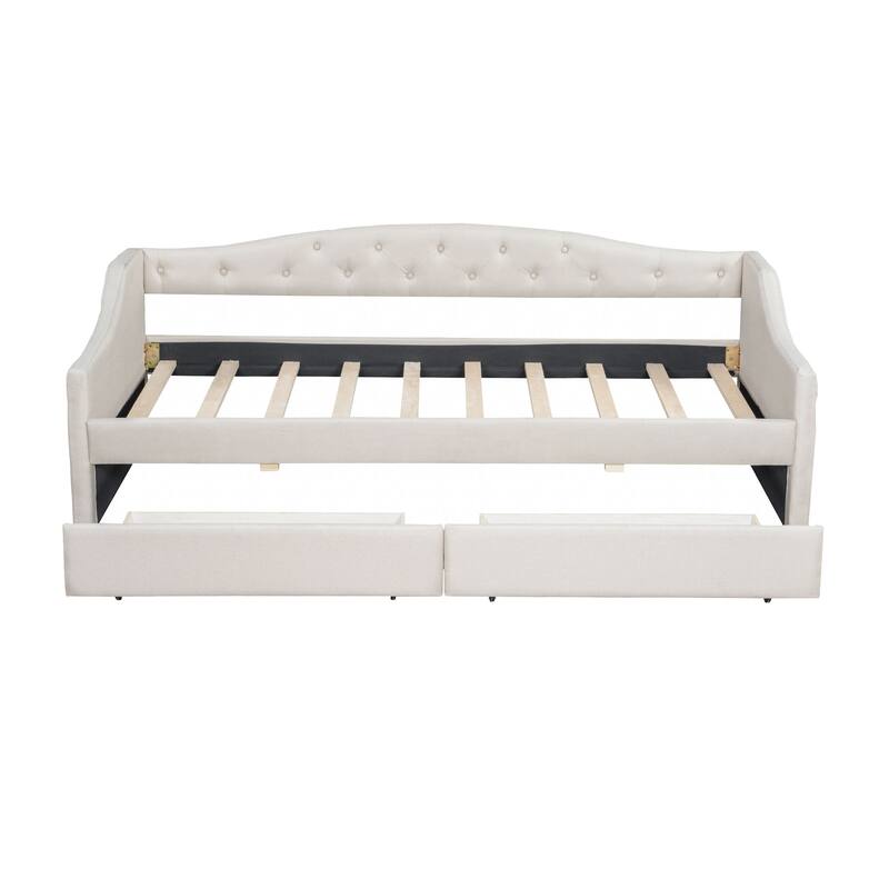 Twin XL Upholstered Daybed with LED Lighting and 2 Storage Drawers, Beige