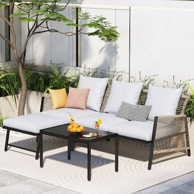 Patio Furniture Set - Outdoor Sectional Sofa All Weather Wicker Rattan Conversation Set with Soft Cushions