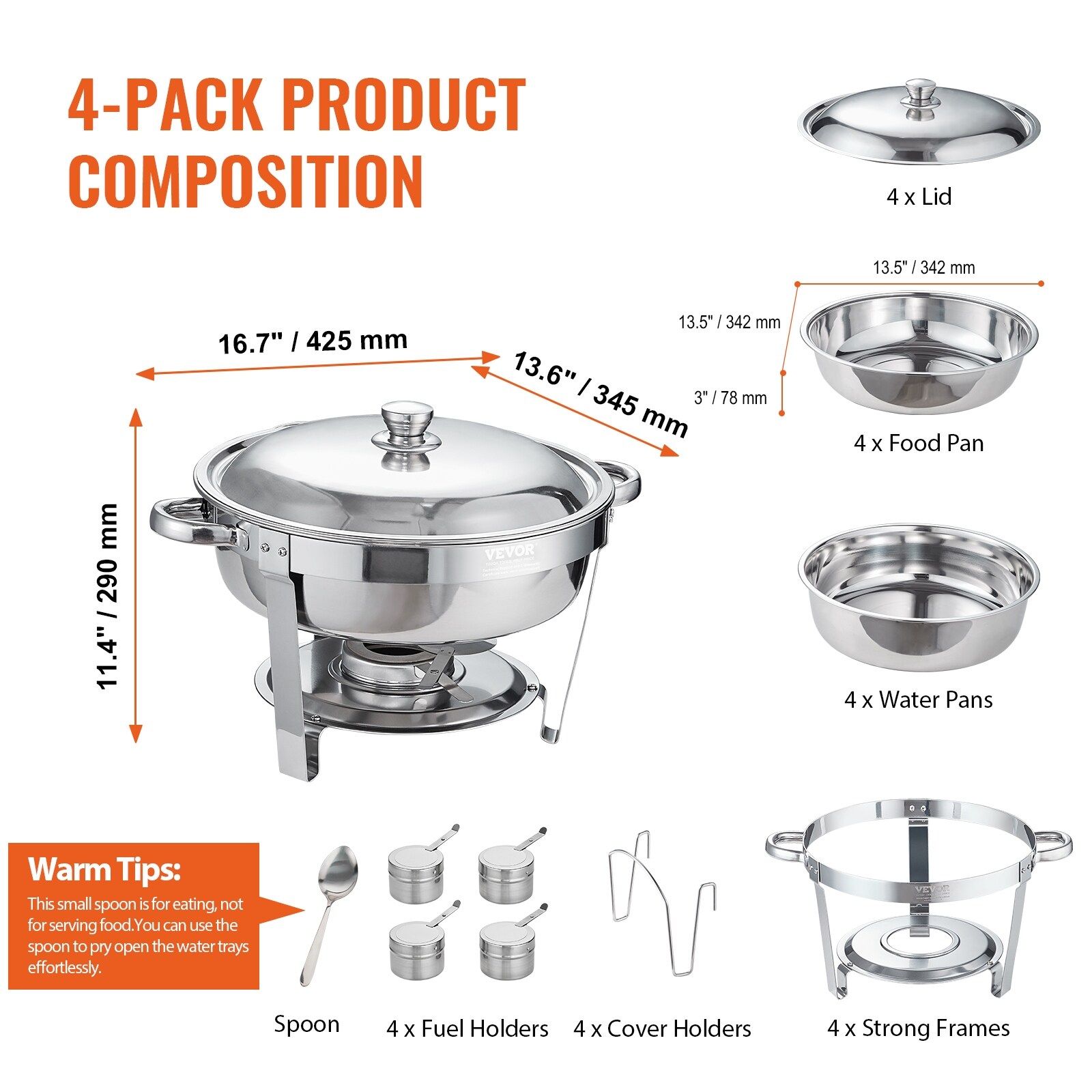 VEVOR Chafing Dish Buffet Set 6 Qt 4 Pack Stainless Steel Chafer with Full Size Pan Round Catering Warmer Server with Lid Water Pan Stand Fuel