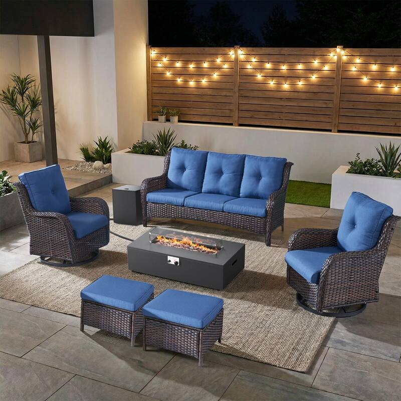Pocassy Patio 5/7 Piece Sofa Swivel Chair Ottoman with Fire Pit Table - Brown Wicker Blue Cushion - 7-Piece Sofa Swivel Chair Ottoman with Fire Table