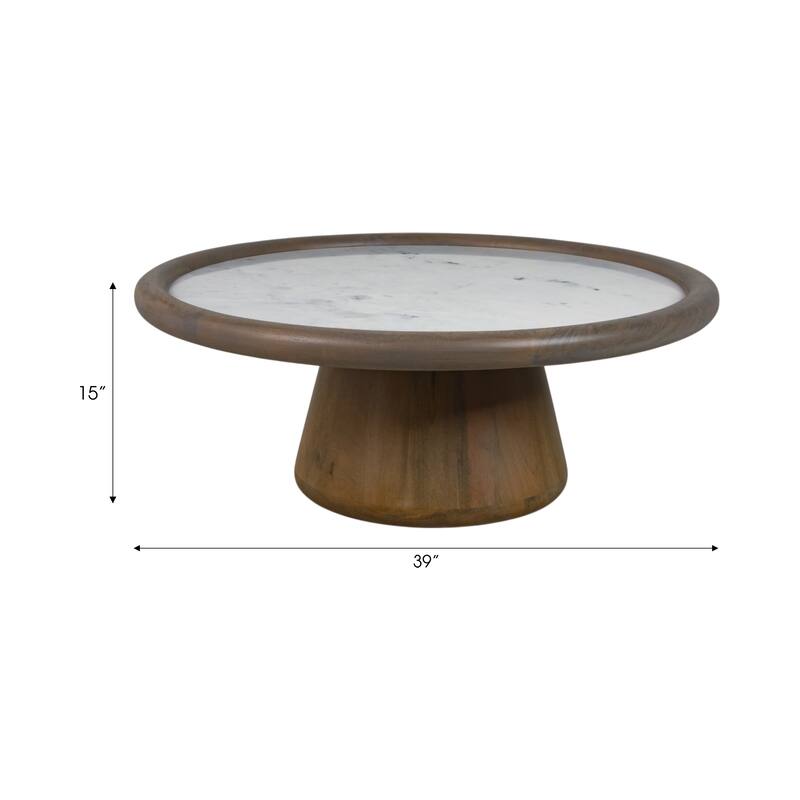 Mango Wood Marble Accent Table Round Drum Base Sculptural Design