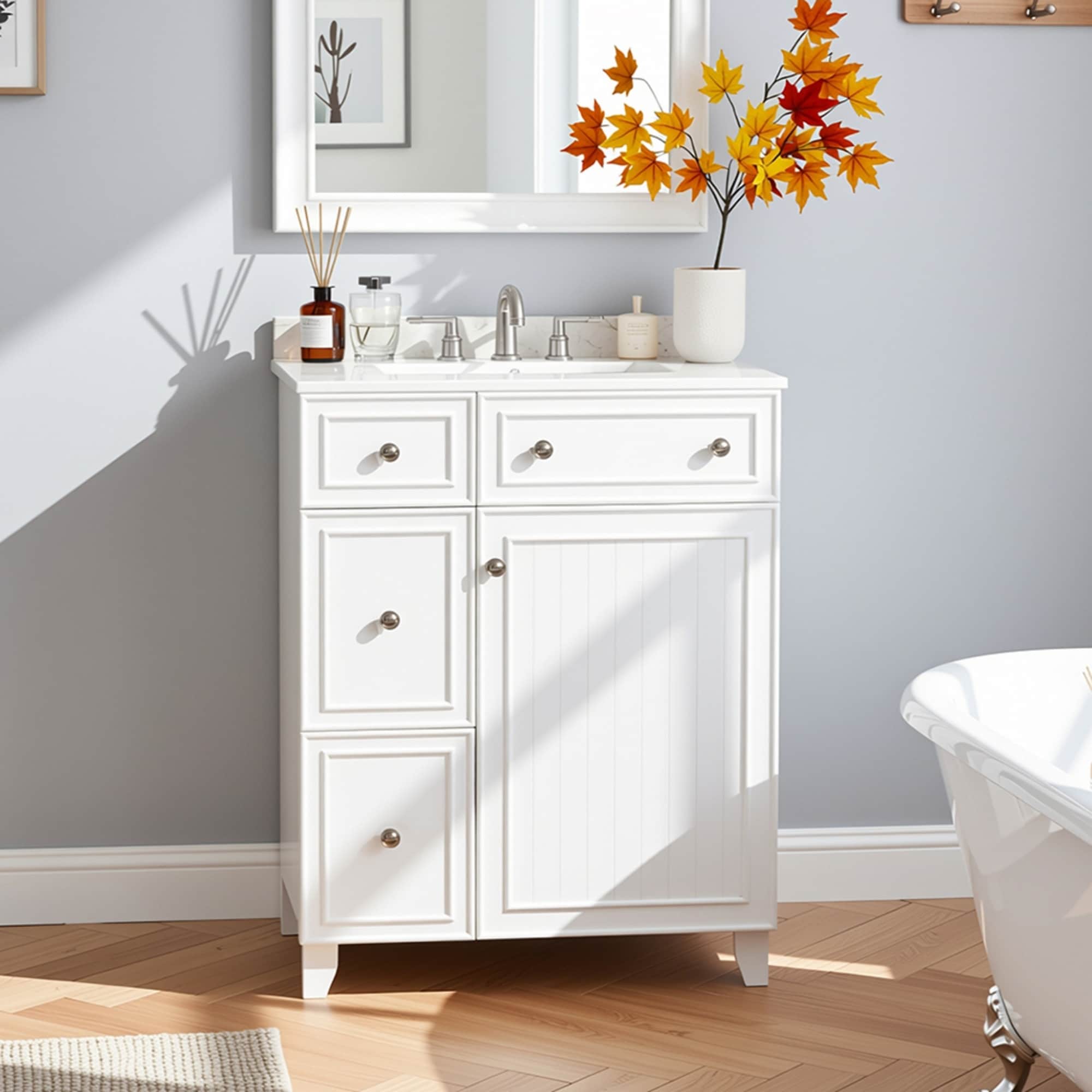 24 Inch Bathroom Vanity with Ceramic Sink Solid Wood MDF Cabinet Soft Close Drawers Modern Storage Vanity for Small Bathrooms