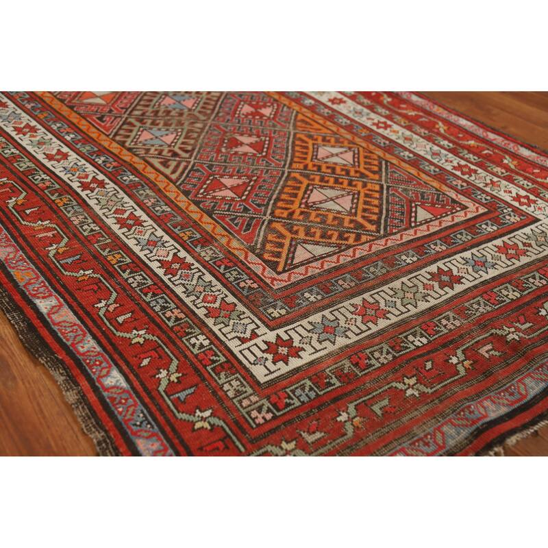 Hand Knotted Oriental 100% Wool Carpet Traditional Geometric Oranges & Rust Kazak Runner Rug - 8' 6'' X 3' 8''