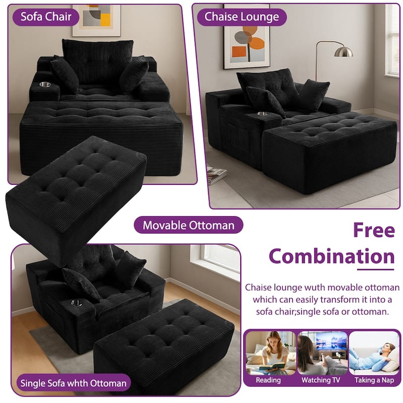 Corduroy Upholstered Memory Foam Sofa With Ottoman Upholstered Bean Bag Couch - 48.4"Lx67.7"Wx24.4"H