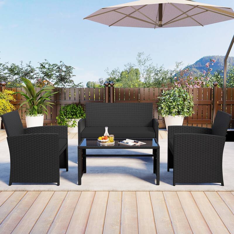 4 Piece Outdoor Patio Furniture Set Black Rattan Loveseat Armchairs and Coffee Table with Cushions