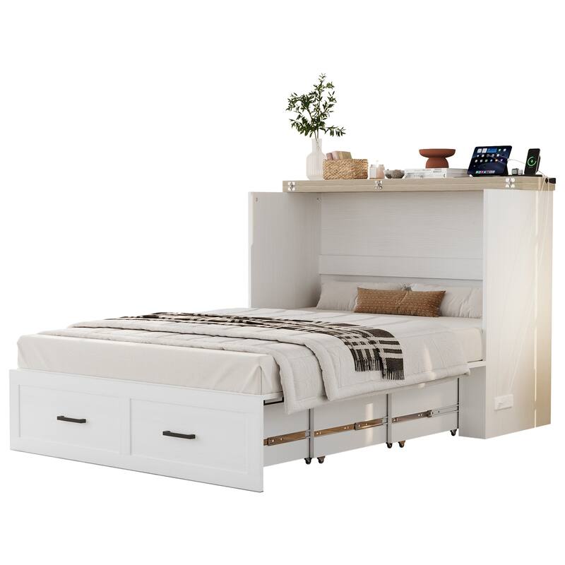 Full/Queen Size Pull Out Murphy Bed Frame, Wood Foldable Platform Cabinet Bed with Charging Station and Large Storage Drawers