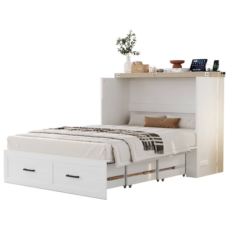 Full Size Farmhouse Murphy Cabinet Bed with Charging Station, Foldable Platform Bed with Large Storage Drawer