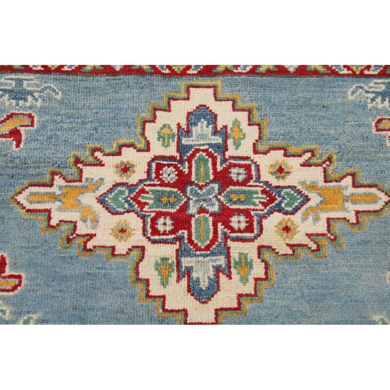 Light Blue Medallion Kazak Oriental Rug Hand-Knotted Wool Carpet - 3'5" x 4'10"