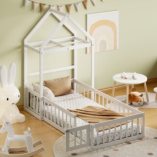 White Twin Size Wooden Floor Bed with Fence Railings and Detachable Headboard, Kids Dress Up Rack, Playhouse Frame