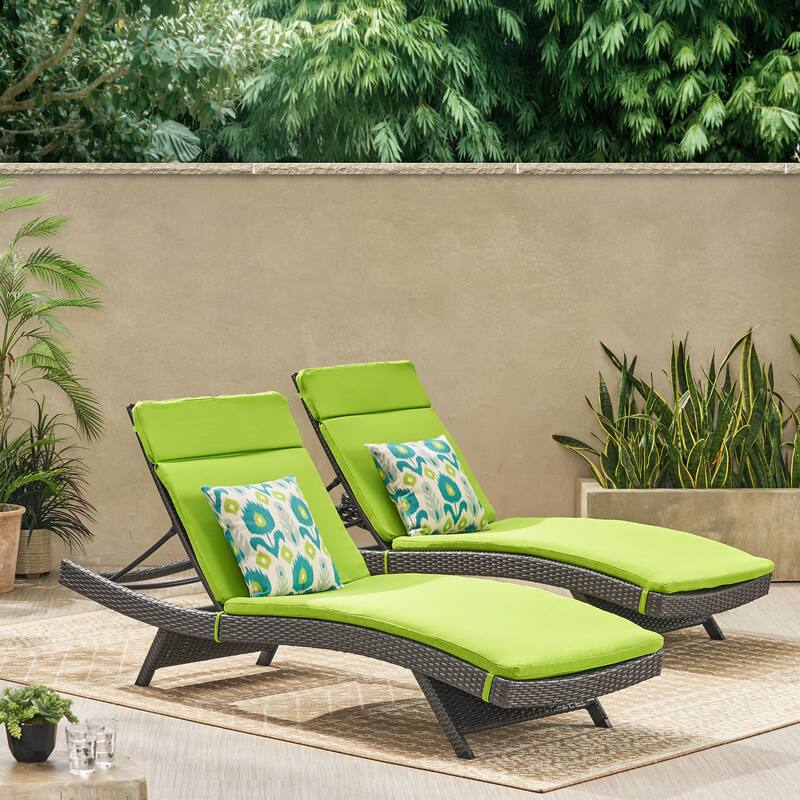 Salem Outdoor Wicker Lounge with Water Resistant Cushion (Set of 2) by Christopher Knight Home - Grey + Green